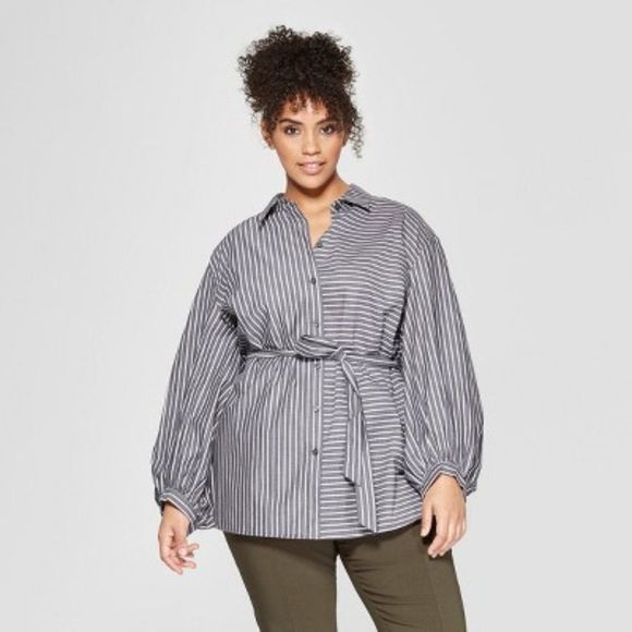 Who What Wear Tops - WHO what wear plus size striped long sleeve nouveau button-Up tunic